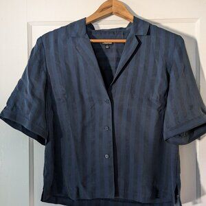 J Peterman Dark Blue Striped Silk Blouse